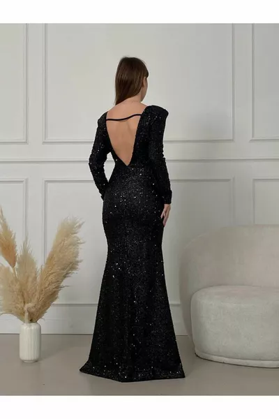 Dames Lange Mouw Baardpulp Stof Terug Laag uitgesneden Smalle pasvorm Lange Vis Model Avondjurk Zwart