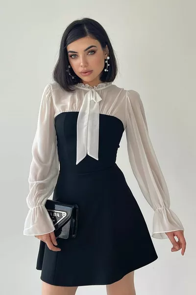 المرأة أطلس النسيج تول تصميم أنيق طوق مفصلة الأسود البسيطة مساء اللباس 