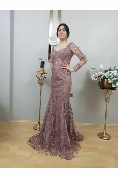 Жените прах блясък специален дизайн риба дълъг ръкав вечерна рокля