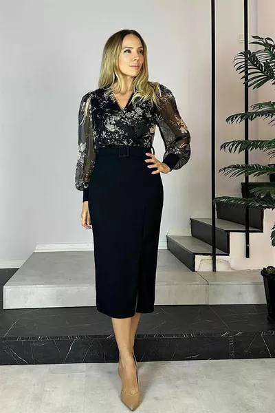  Шифон подробни колан молив рокля черен