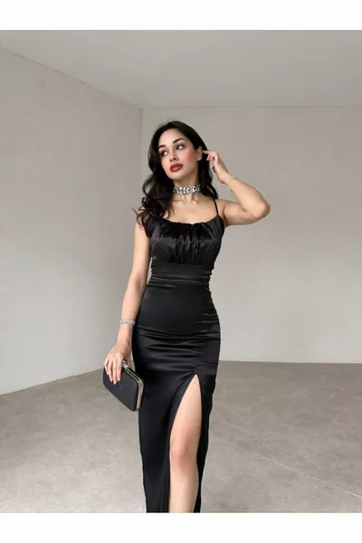 SATIN DRESS WITH STRAPS WITH SLIT DETAIL