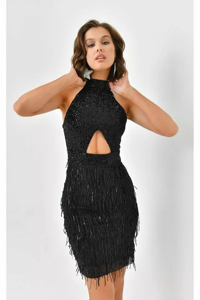 Damen Mini Pailletten Fransen Abendkleid 