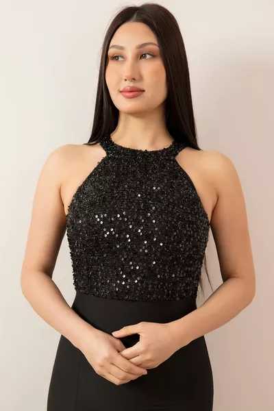 Top Sequin Sequin Bottom Atlas Fish Long Evening Dress 
