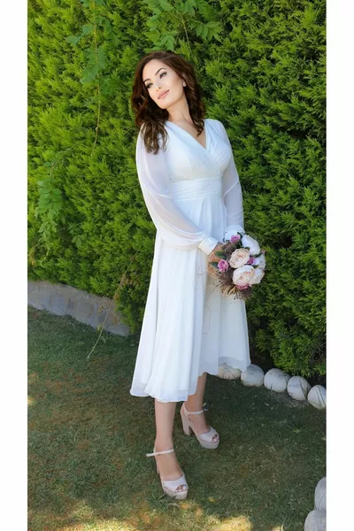 كم طويل مغلق الظهر مزدوج الصدر طوق ميدي الشيفون فستان الزفاف