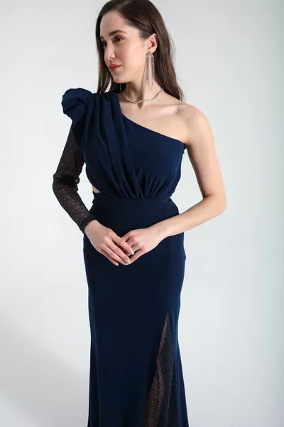 المرأة الأزرق الداكن واحد الكتف شريط الدانتيل مفصلة طويلة مساء اللباس