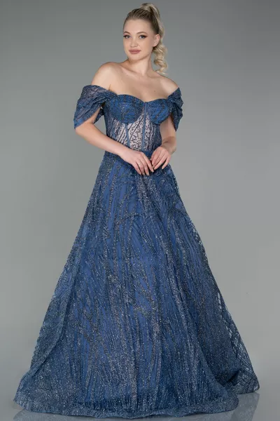 رمادي نيلي قارب الرقبة بريق فستان سهرة طويلة 