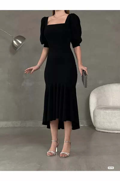 Принцеса ръкав пола разкроени площад врата Midi дължина креп плат вечерна рокля сватба годеж обещание покана