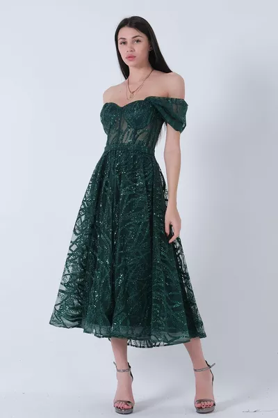 Сърце яка колан пайети тюл Midi дължина вечерна рокля изумруд 