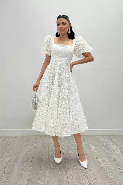 Glitter Fabric Балон ръкав Midi рокля - БЯЛ