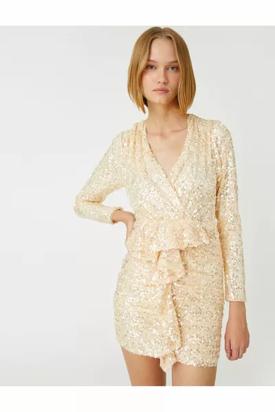 Sequined Flounced мини вечерна рокля дълъг ръкав