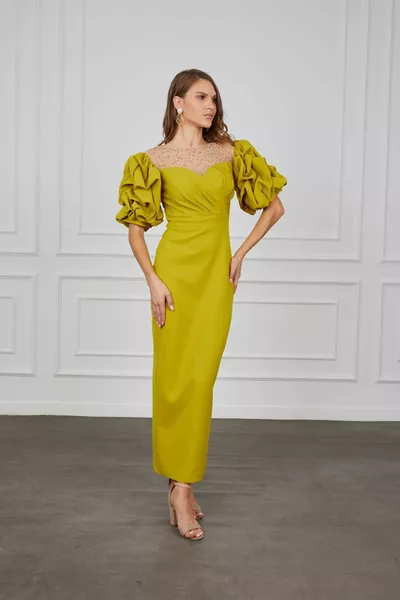 OIL GREEN Ballon mouw steen accessoire split gedetailleerde avondjurk 