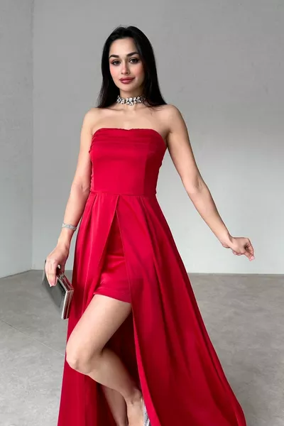 Femme Tissu Satin Double Jupe Forme Sans Bretelle Col Fente Détaillé Rouge Maxi Robe de Soirée 