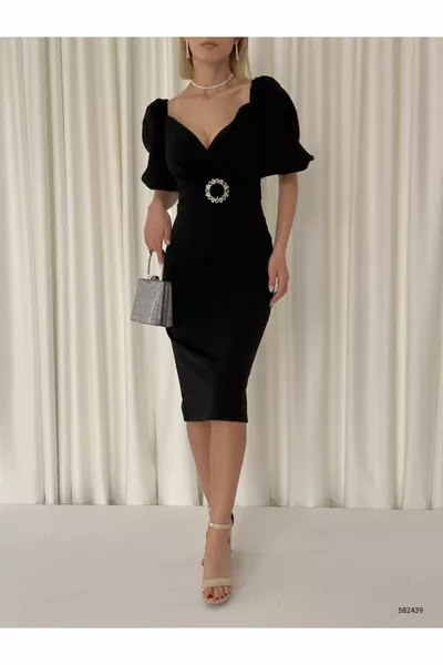 Double-breasted Neck Balloon Short Sleeve Belted Midi Length Evening Dress