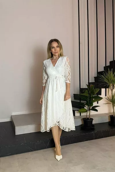  Wrapover Lace Dress White