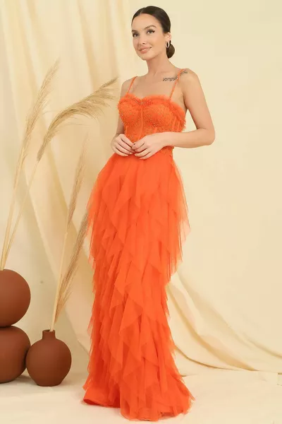 Bead Rope Strap Strapless Handkerchief Fringed Lined Long Tulle Dress
