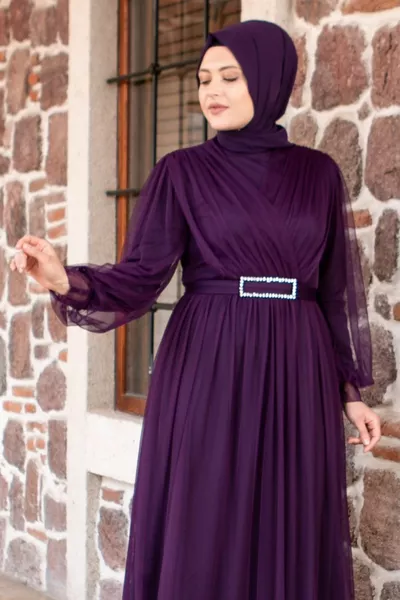 Belt Detailed Tulle Evening Dress Purple 