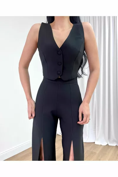 Women's Vest Pants Suit Front Button Adjustable Belt Detail Front Slit Evening Dress