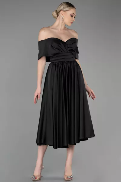 Black Boat Neck Midi Satin Invitation Dress 