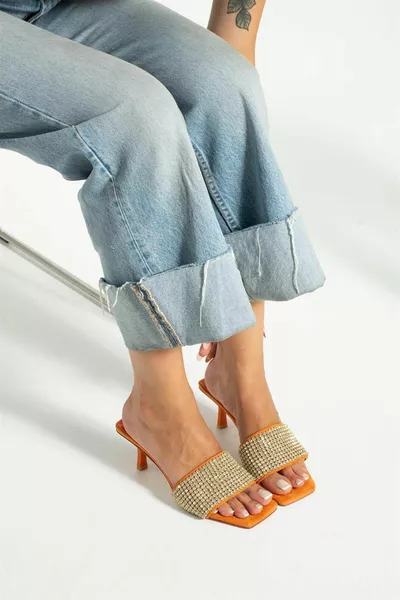 Emilia Orange Suede Détail Intérieur Orthopédie Skin Stone Détail Sandales à talons pour femmes