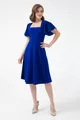 Manches Femme Sax Bleu Flexible Tissu Crêpe Scuba Col Carré Longueur Midi Robe de Soirée 