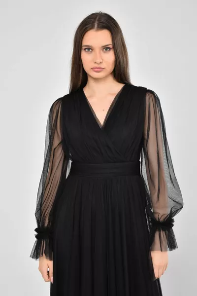 Robe de soirée en tulle flexible à manches longues à double boutonnage