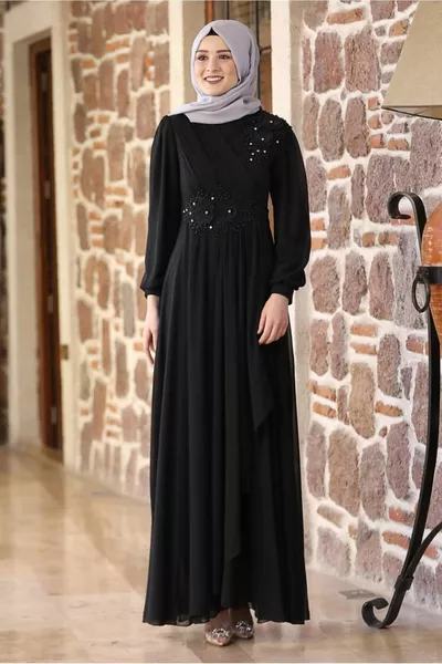 Women's Black Beaded Embroidery Detailed Evening Dress 