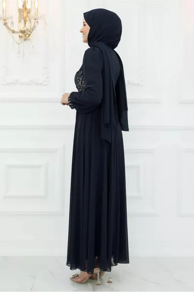 MARINEBLAUES ABENDKLEID MIT GÜRTEL UND STEINDETAILS FÜR DAMEN T 