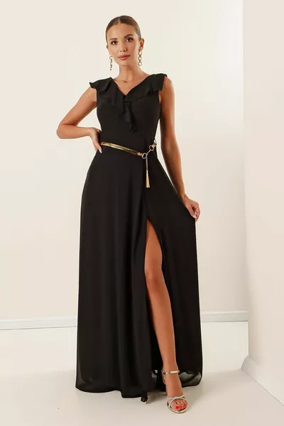 Flounced деколте колан шифон дълга рокля с цепка широк размер диапазон индиго