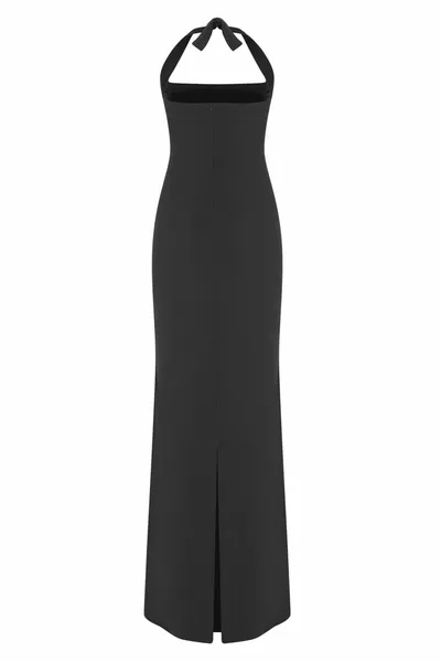 Black Neck-Tie Chest Draped Evening Dress with Slit at the Back