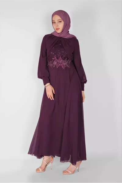 Damen Pflaume Pailletten Besticktes Chiffon Abendkleid 