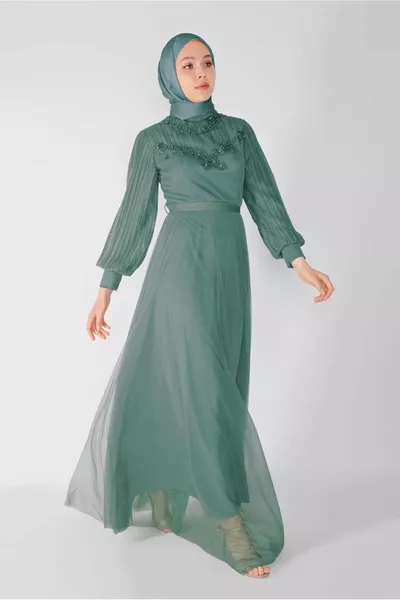 Women's Green (MINT) Pearl Embroidered Evening Dress 