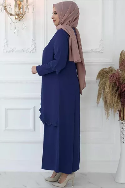 MARINEBLAUES (INDIGO) LASERGESCHNITTENES ABENDKLEID MIT STEINDRUCK FÜR DAMEN T 