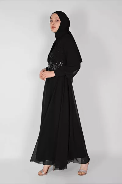 Women's Black Sequin Embroidered Chiffon Evening Dress 