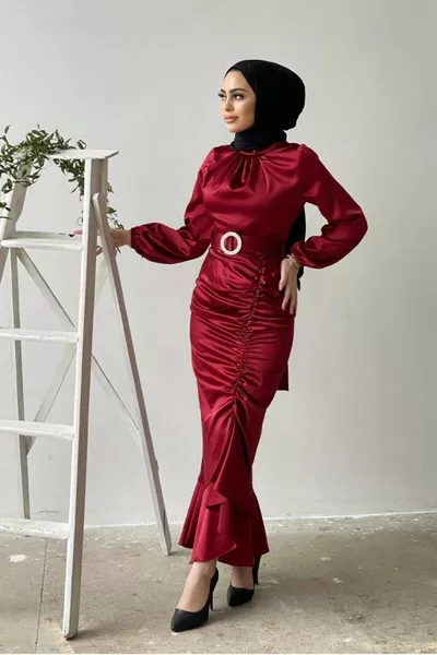 Abendkleid aus Satin mit Kordelzug Rock Burgund