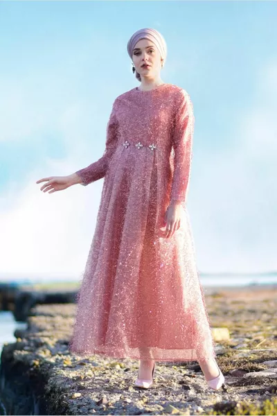 Damen-Abendkleid mit Fransen (Lachs) T 