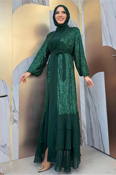 المرأة الأخضر (الزمرد) مطرز مساء اللباس مجموعة