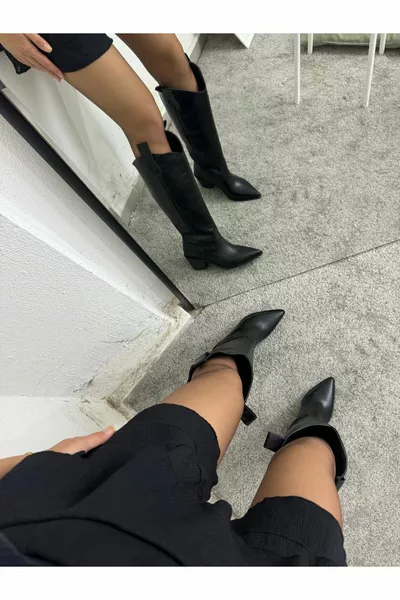 Черни дамски каубойски ботуши от естествена кожа