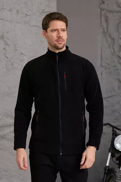 سترة رجالية شتوية بسحاب كامل من القماش القطني السميك بولار باللون الأسود