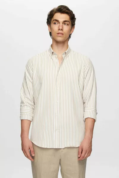 Ds Damat Slim Fit Bej Çizgili Gömlek