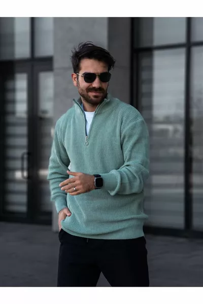 Maglione da uomo in tricot a mezza zip stile salentino, colore menta