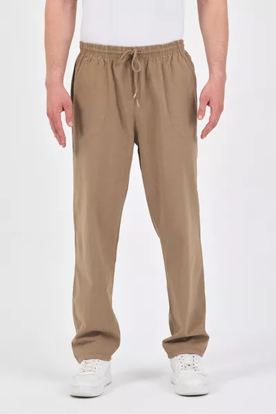 Erkek Vizon Regular Fit Keten Pantolon - Beli Lastikli, Pamuklu, Yazlık