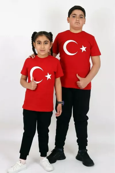 تيشيرت أطفال قطني بطبعة أتاتورك وعلم تركيا للبنات والأولاد (يونيسكس) من 5 إلى  سنة