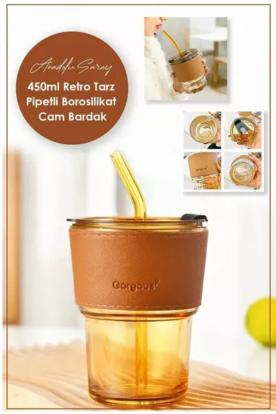  мл термостойкий стакан из боросиликатного стекла с трубочкой и ретро-кожаной лентой | Стакан для подачи кофе - 1 шт.