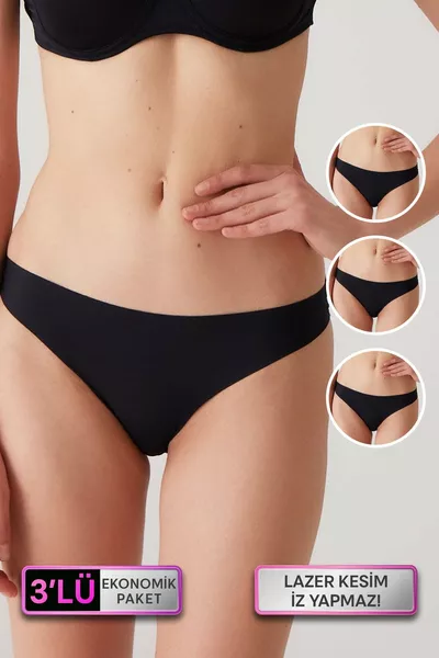 طقم مكون من 3 نساء اقتصادي، أسود  سروال داخلي غير شفاف (الجزء الأبيض قطني)