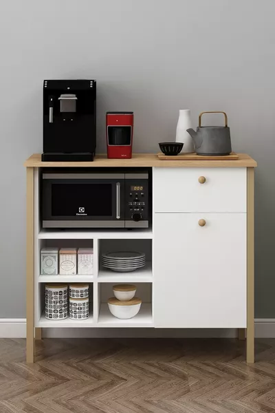 ثلاجة نورة متعددة الأغراض مع أدراج زاوية القهوة، وحدة سفلية مع سلة، لون أبيض