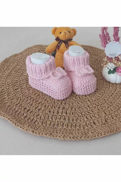 الوردي هدية حديثي الولادة الطفل اليد الحياكة الاكريليك الصوف Penduf الجوارب القوس الولادة المفاجئة 0-6 أشهر