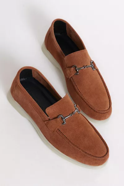 Tan Front Buckle Suède echt lederen loafer voor heren