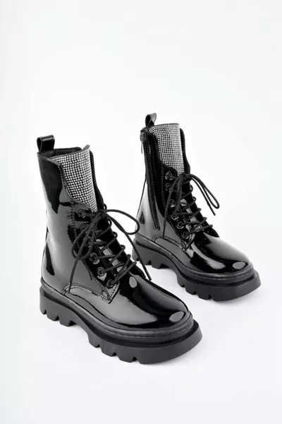 أسود براءات الاختراع والجلود سستة الدانتيل متابعة أحذية الفتيات الفاخرة