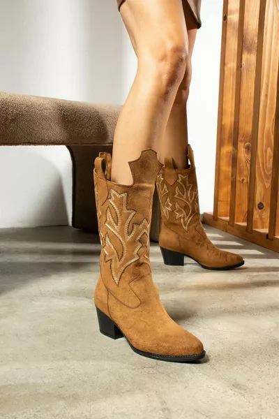 Alekse Dames Laarzen Cowboy Patroon Tan Suède