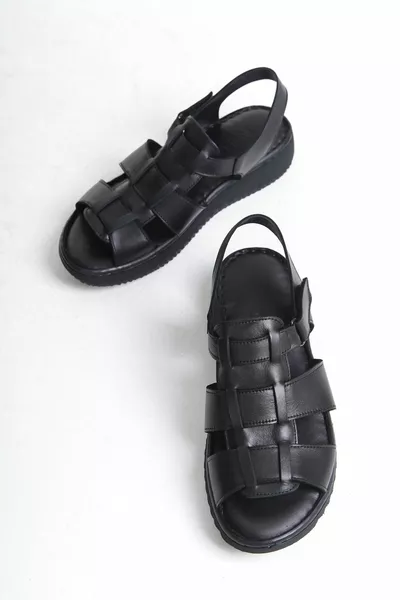 SANDALI DA DONNA COMFORT IN VERA PELLE NERA SUOLA ANATOMICA 